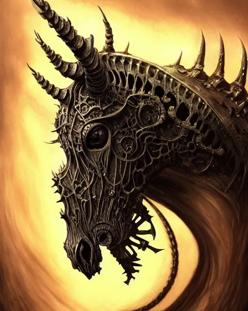 Image similar to fractal skull horse by giger, deep focus, d & d, dark fantasy, intricate glow accents, elegant, highly detailed, digital painting, artstation, concept art, matte, sharp focus, 8 k 3 d, hearthstone, art by artgerm and greg rutkowski and alphonse mucha