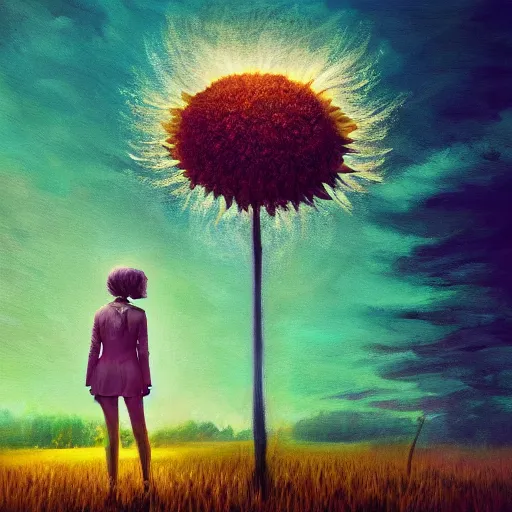 Image similar to giant daisy flower head, frontal, a girl in a suit, surreal photography, sunrise, dramatic light, impressionist painting, digital painting, artstation, simon stalenhag