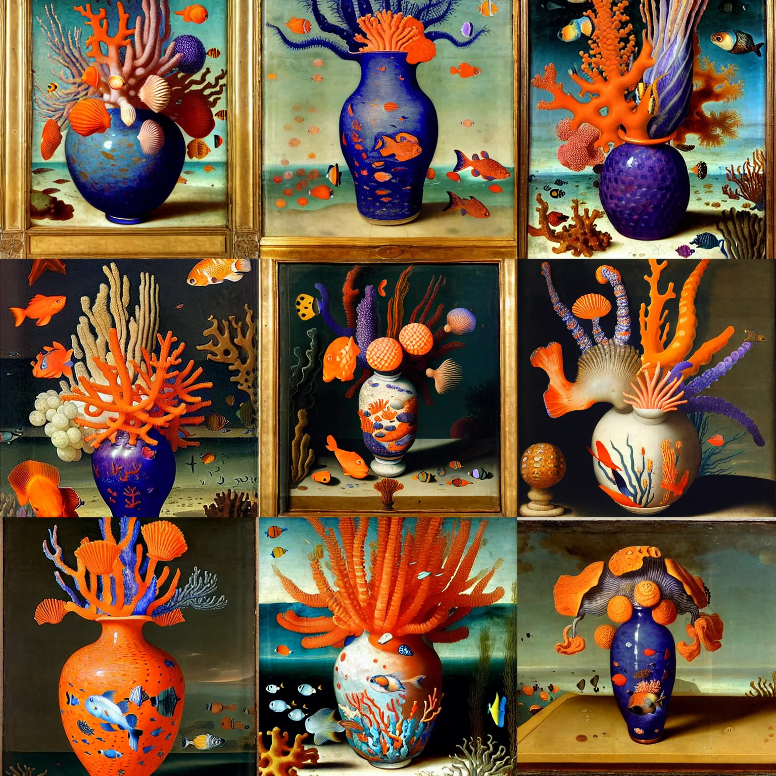 Image similar to bottle vase of coral under the sea decorated with a dense field of stylized scrolls that have opaque outlines enclosing mottled blue washes, with orange shells and purple fishes, Ambrosius Bosschaert the Elder, oil on canvas