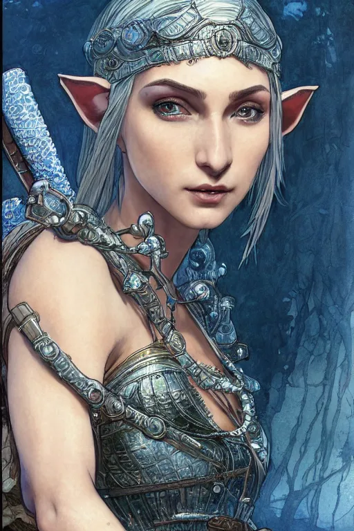 Image similar to alluring highly detailed matte close-up portrait of beautiful elf Shani (from Witcher 3) wearing chesty chainmail bikini and a blue cloak, very detailed, realistic, manga, pen and ink, by Stanley Artgerm Lau, greg rutkowski, thomas kindkade, alphonse mucha, loish, norman rockwell J.
