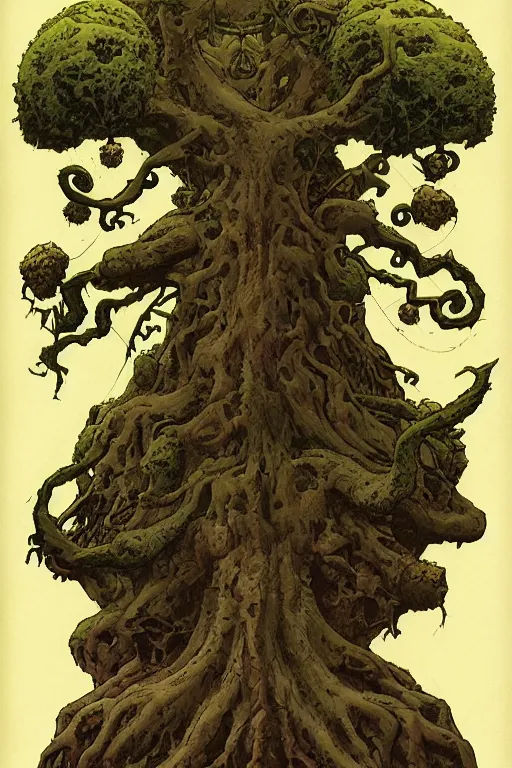Image similar to Yggdrasil the tree of life by Mike Mignola and Richard Corben, trending on artstation, stylized, angular, symmetrical