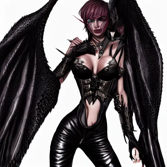 Prompt: portrait of a succubus with big wings and cleavage, in black leather pants, D&D, fantasy, highly detailed, digital art, artstation, smooth, sharp focus, illustration, art by Peter Tang