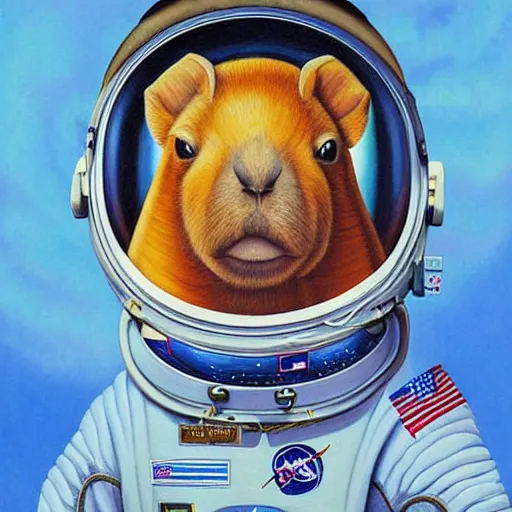 Image similar to beautiful detailed painting of a capybara astronaut in a spacesuit floating above earth by casey weldon by mark ryden by thomas blackshear