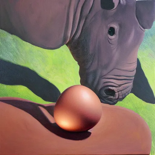 Image similar to oil on canvas of, rhinoceros hatching from an egg in hawaii