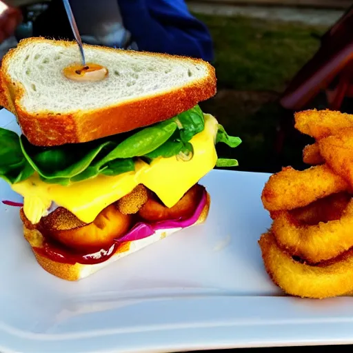 Prompt: sandwich with fried tofu, also one tomato slice, two onion rings, avocado and cheddar, over a dish and over a table, outside with a sunsed and rainbow in the background with saturn and stars in the sky, amazing light