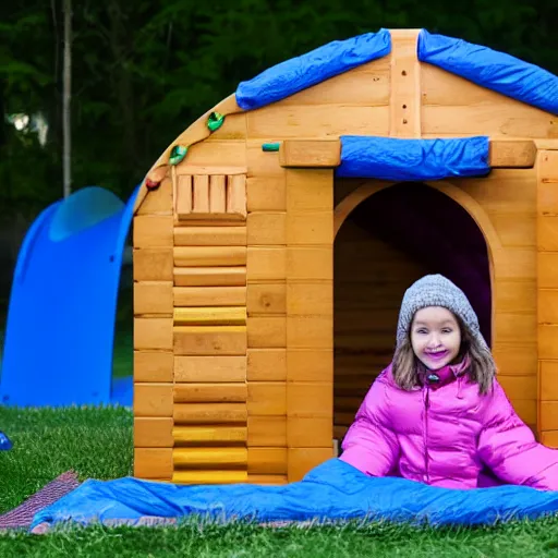 Image similar to Millie 6 years old going to bed on a play structure in a sleeping bag, 4K