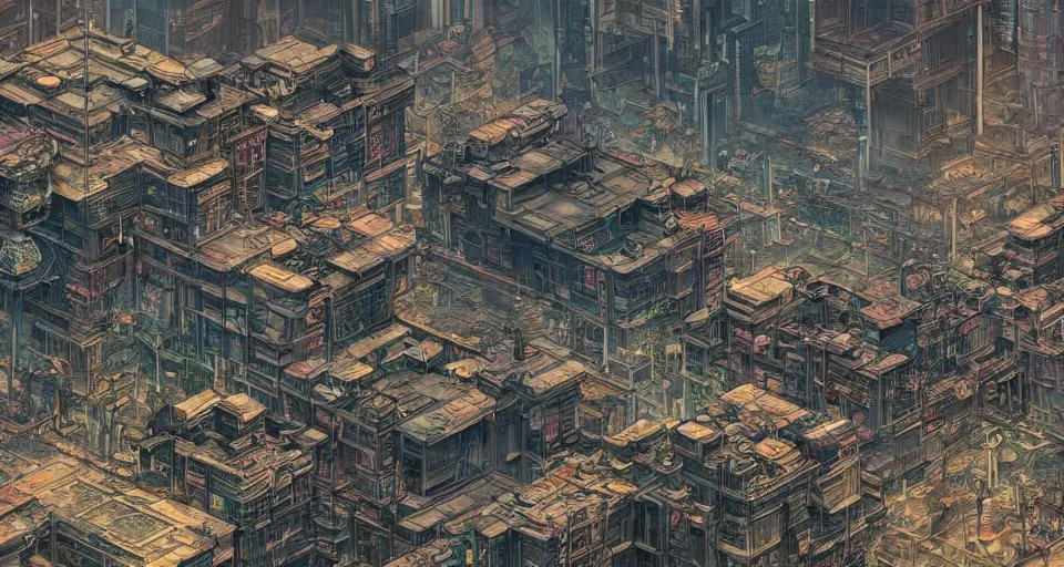 Prompt: Cyberpunk space colony, Kowloon walled city style