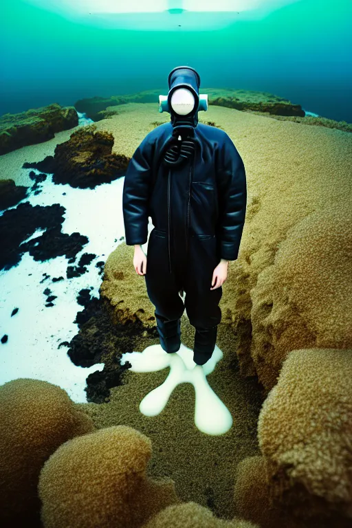 Image similar to high quality pastel coloured film mid angle portrait photograph of a beautiful young 2 0 year old male, soft features, short hair, rubber gas mask and oversized inflated clothing!!!! icelandic black! rock pool environment. atmospheric three point light. photographic. art directed. ( pastel colours ). volumetric. clearcoat. waves. 8 k. filmic.