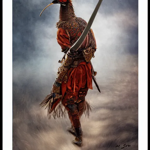 Image similar to a pheasant is girded with a belt, a sword hangs on the belt, by lily seika jones , rivuletpaper art, top cinematic lighting, cinematic mood, very detailed, shot in canon, by Viktor Vasnetsov, oil painting, harsh fairy tale, soft style, hyperrealism, beautiful, high resolution, trending on artstation, steps 50