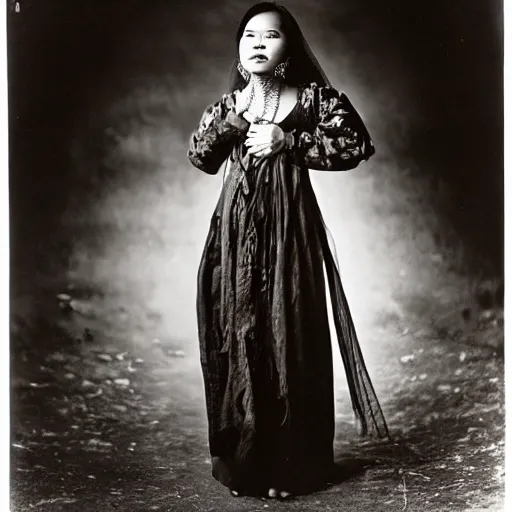 Prompt: A Filipino woman wearing demonic clothes, portrait, by Philippe Halsman