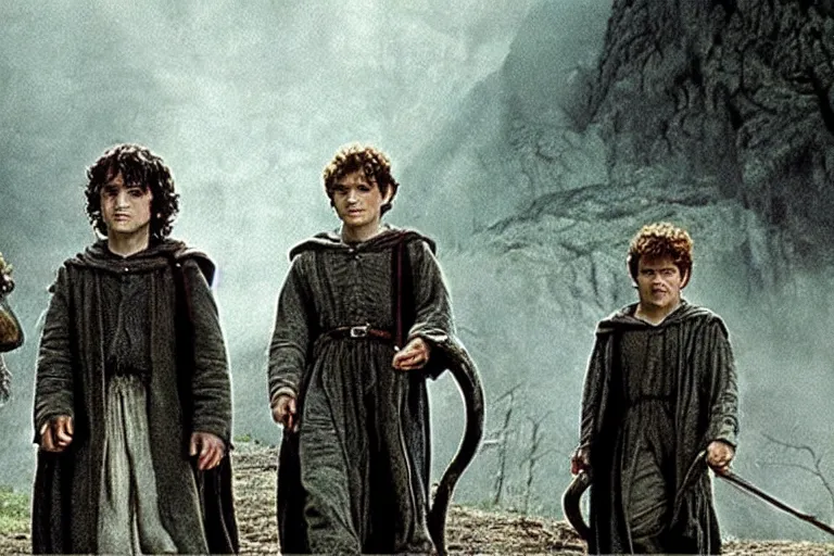 Prompt: lord of the rings directed by david fincher, frodo and samwise in the style of h. r. giger walking down a dirt track