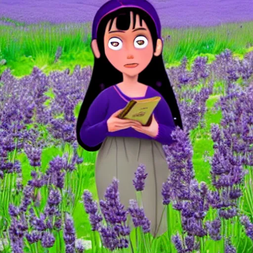 Image similar to angela anaconda reciting poetry in a field of lavender, in the style of arthur adams