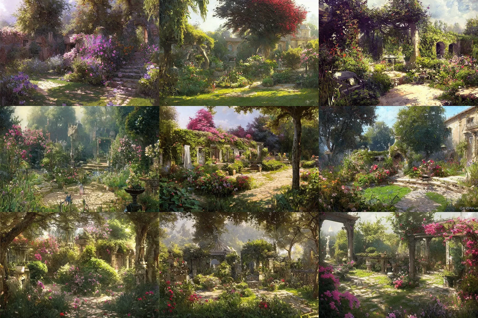 Prompt: beautiful french garden by greg rutkowski and james gurney