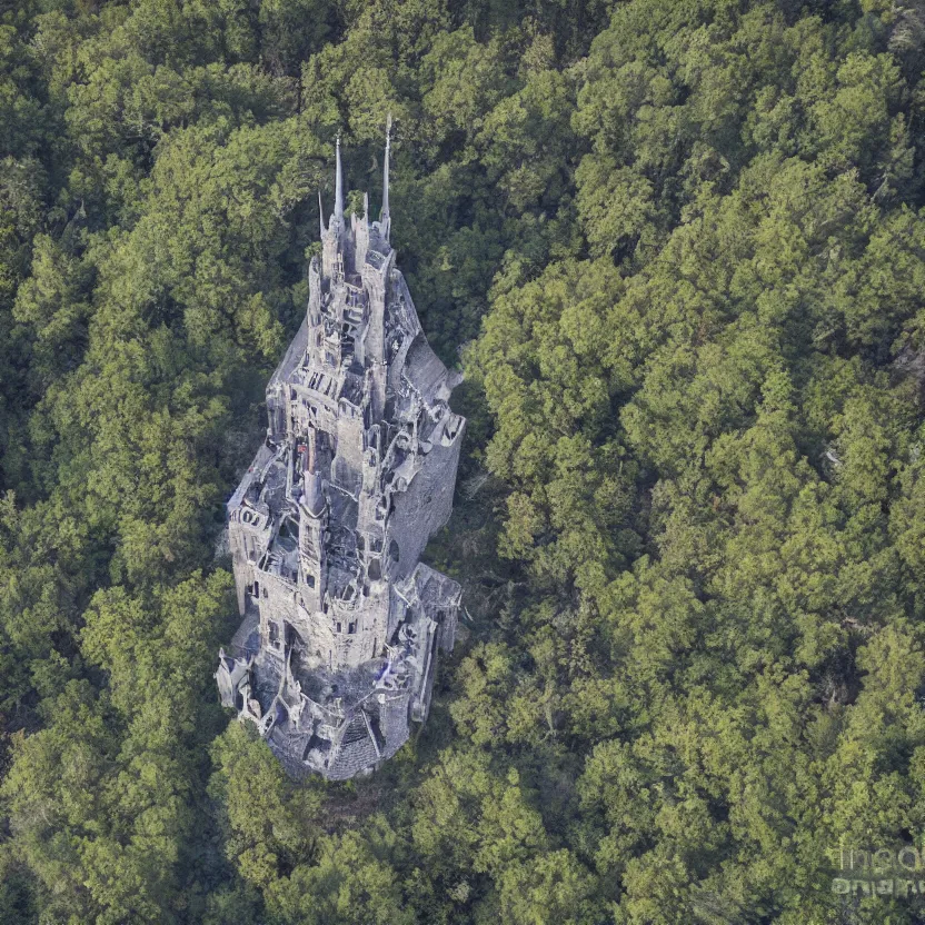 Prompt: aerial view of wizard's tower, photograph, 8 k