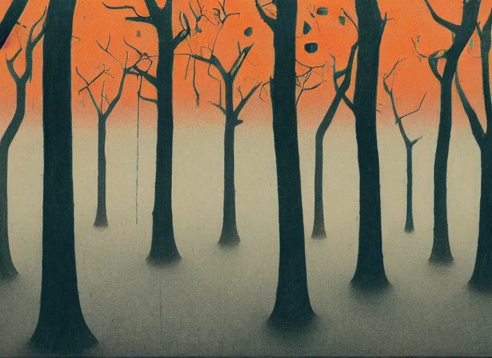 Prompt: a forest with a 5 orange cones scattered about, by surrealist james jean, in the style of francis bacon and edward hopper and beksinski