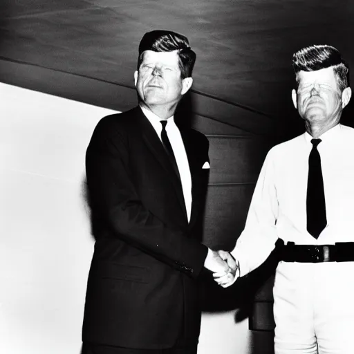 Prompt: black and white photo of president kennedy shaking hands with an alien