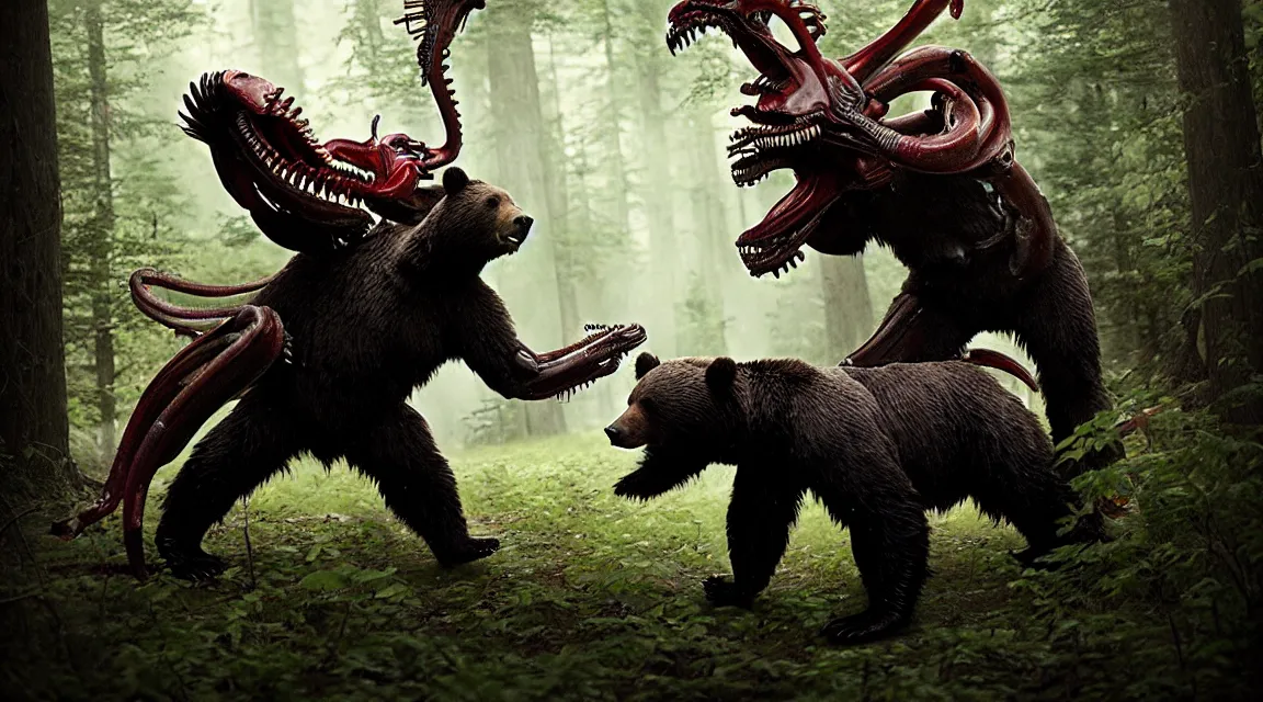 Prompt: bear fighting with a xenomorph, by jim burns, trending on artstation, photorealistic, photorealistic, wilderness ambiance, ultra detailed, high definition, depth of field, bokeh, rubble, nature overgrowth, blood stains