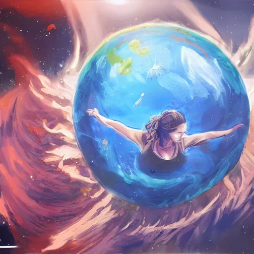 Prompt: female yoga instructor holding planet in space, trending on art station, 8 k