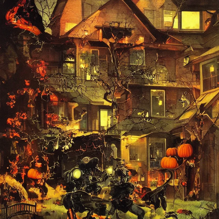 Prompt: a framed painting of a halloween scene in a suburban neighborhood. ornately framed highly detailed science fiction painting by norman rockwell, frank frazetta, and syd mead. rich colors, high contrast, gloomy atmosphere, dark background. trending on artstation. framed painting