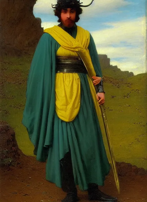 Prompt: beautiful ominous portrait of a male maid with green cloak is holding golden long sword by edmund blair leighton, pale blue and pale yellow colors, Oriental, Desert, Lake