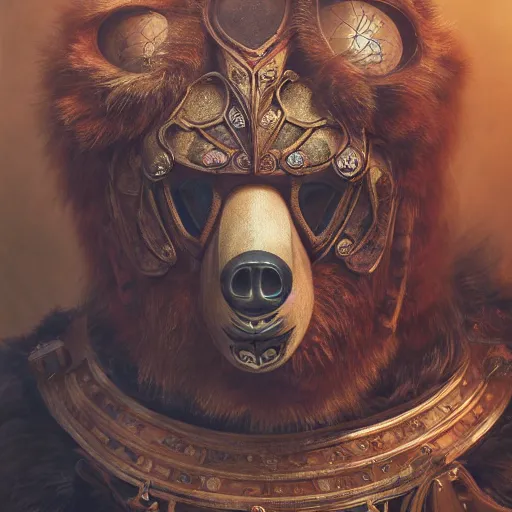 Image similar to Sad man in a bear masquerade mask, hyperrealism, no blur, 4k resolution, ultra detailed, style of Jonathan Solter, Peter Mohrbacher,Alexander Trufanov, Finnian MacManus, Ivan Shishkin