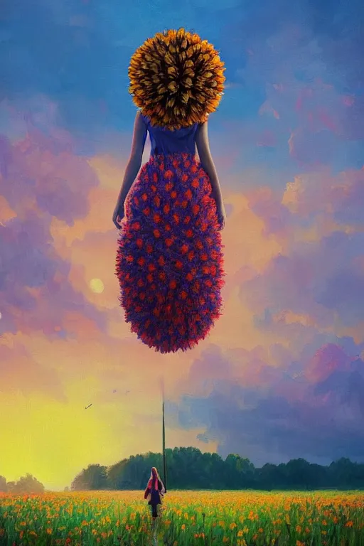 Prompt: giant corn flower head, girl walking in a flower field, surreal photography, sunrise, dramatic light, impressionist painting, colorful clouds, digital painting, artstation, simon stalenhag