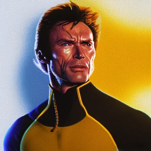 Image similar to 8 0 s, vhs, vintage movie, clint eastwood as wolverine in blue and yellow costume, octane render, beautiful composition, trending on artstation, award - winning photograph, masterpiece