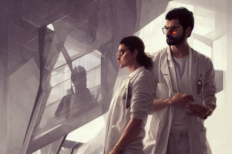 Image similar to Sensual good looking pale young Indian doctors wearing Deus Ex clothing in an airport, portrait, elegant, intricate, digital painting, artstation, concept art, smooth, sharp focus, illustration, art by artgerm and greg rutkowski and alphonse mucha