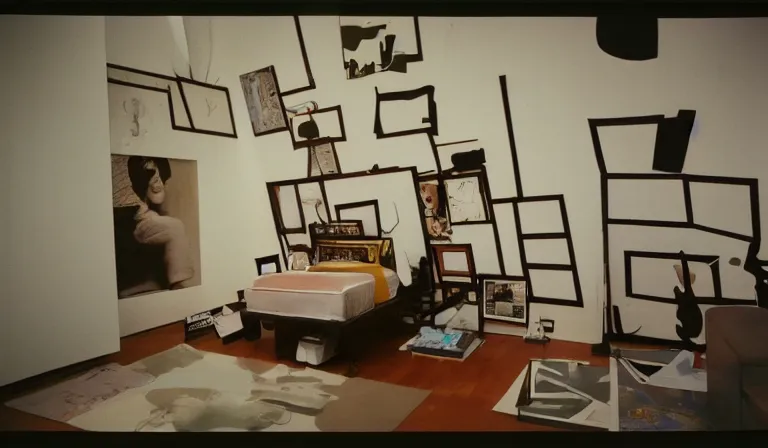 Image similar to A bedroom designed by Nam June Paik, 35mm film, long shot