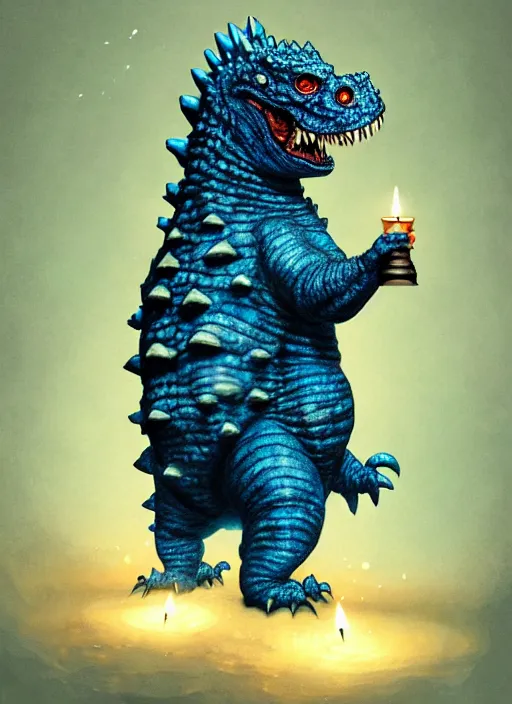 Prompt: portrait of a screaming tiny fat blue godzilla in a hat, intricate, elegant, candle light, highly detailed, digital painting, artstation, concept art, smooth, sharp focus, illustration, art by wlop, mars ravelo and greg rutkowski