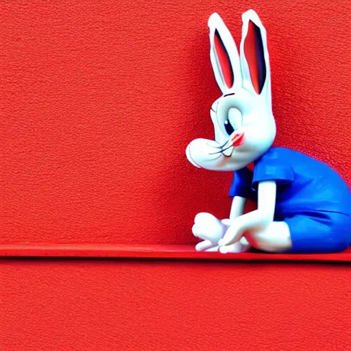 Image similar to photo of a bugs bunny toy sitting infront of a red wall with blue stripes