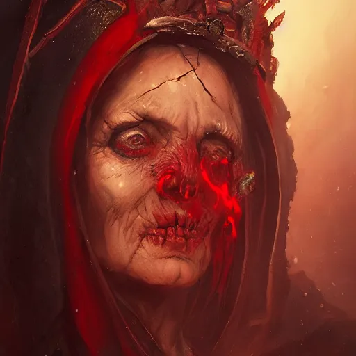 Prompt: a beautiful portrait of an ancient elderly necromancer queen, embers, skeletal, red-fabric, red-eyes, no smoke, by Greg Rutkowski and Raymond Swanland, Trending on Artstation, ultra realistic digital art