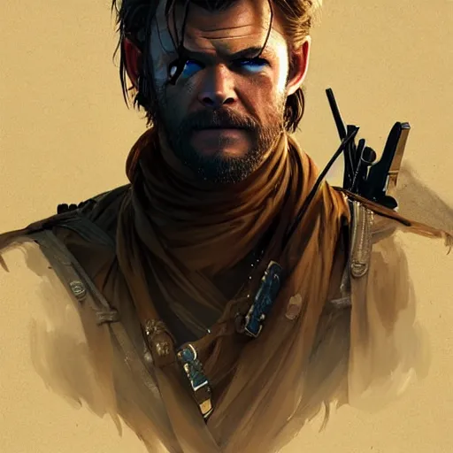 Image similar to Chris Hemsworth as Venom Snake, western, D&D, fantasy, intricate, elegant, highly detailed, digital painting, artstation, concept art, matte, sharp focus, illustration, art by Artgerm and Greg Rutkowski and Alphonse Mucha