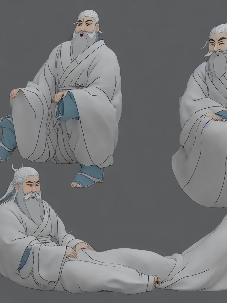 Prompt: the whole body of fuxi in chinese mythology, long white hair, long white beard, wu geng period animation style from china, wearing a grey robe, in style of makoto shinkai, raphael lacoste, akihito tsukushi, kind and solemn, sit on the ground, 3 d render, hyper detailed, 4 k hd