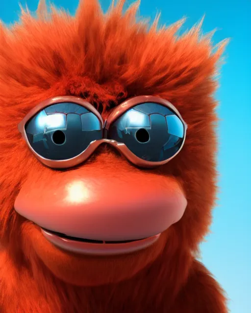 Image similar to 3 d render of completely red hairy friendly antropomorphic cartoony creature wearing chrome shades, similar to jake sully, without nose, full body, simple, cute, white background, unreal engine 5, octane render, highly detailed hdr