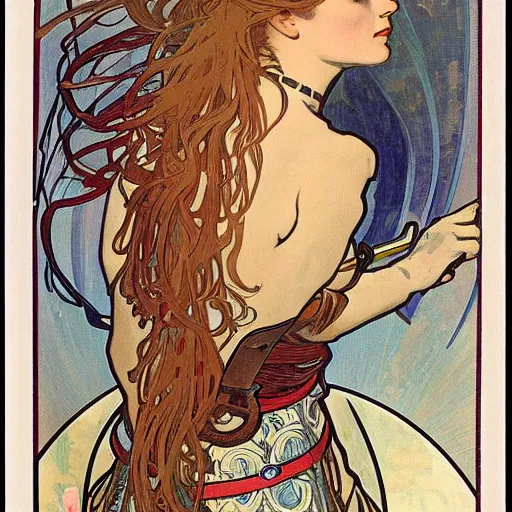 Image similar to woman in full plate armour, lance, flowing hair, painted by alphonse mucha