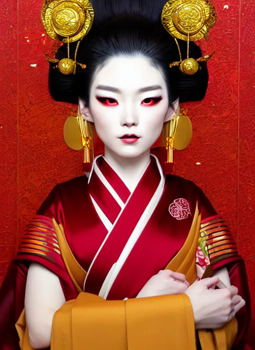 Image similar to dreamlike luxury stunning oiran portrait, red and gold kimono, art by artgerm, wlop, loish, ilya kuvshinov, 8 k realistic, hyperdetailed, beautiful lighting, detailed background, depth of field, symmetrical face, frostbite 3 engine, cryengine,