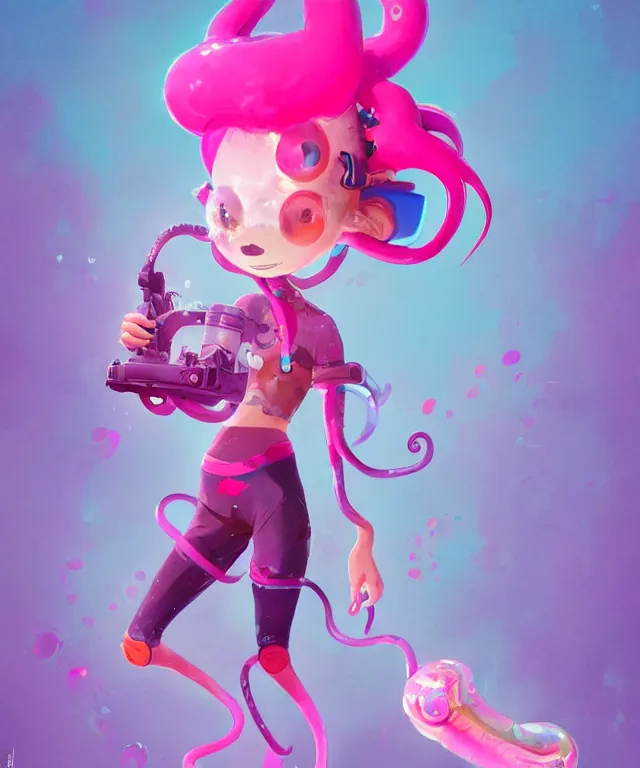 Image similar to a beautiful fullbody portrait of a cute splatoon male inkling with pink tentacle hair wearing tshirt leggings under sport shorts. character design by cory loftis, fenghua zhong, ryohei hase, ismail inceoglu and ruan jia. artstation, volumetric light, detailed, photorealistic, fantasy, rendered in octane