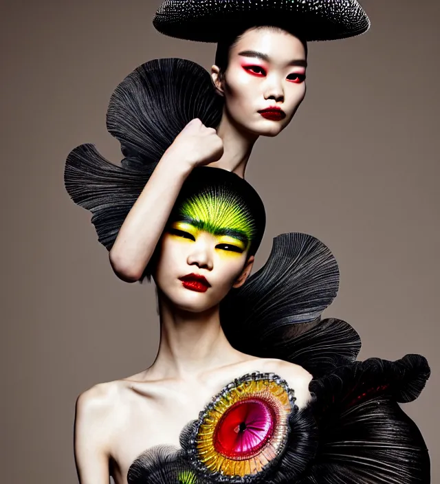 Image similar to photography american portrait of stunning model ming xi. great hair style,, half in shadow, natural pose, natural lighing, rim lighting, wearing an ornate stunning sophistical fluid dress and hat iris van herpen, with a colorfull _ newbaroque _ extreme _ makeup by benjamin puckey, highly detailed, skin grain detail, photography by paolo roversi