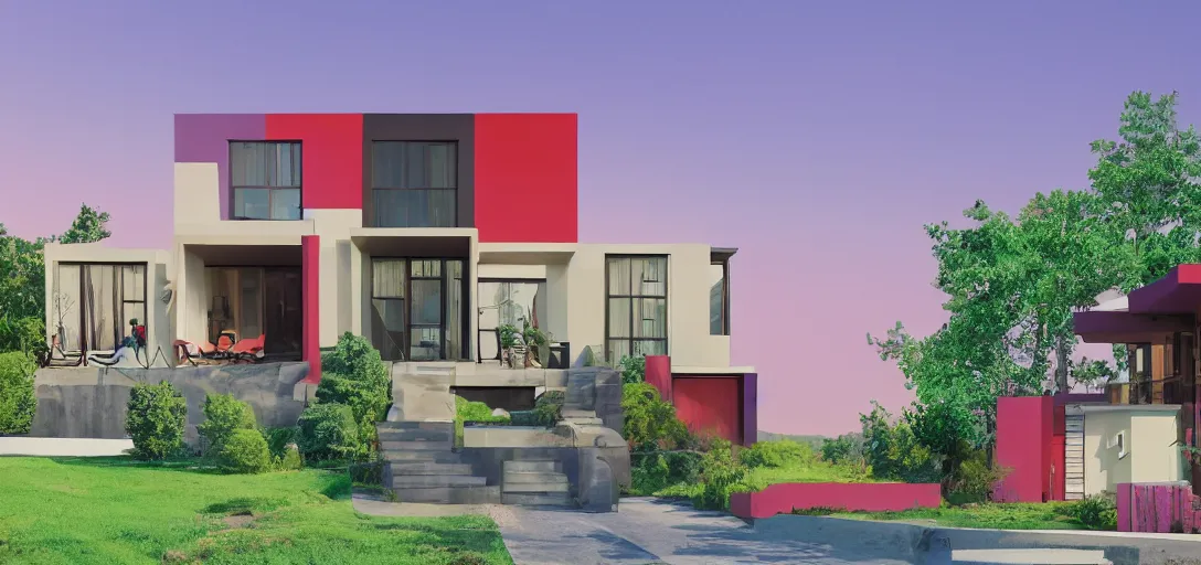 Prompt: modern house. multicolored. wes anderson. forest. 8 k.