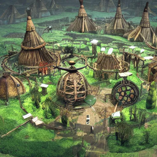 Image similar to A tribal village inside a clockwork dome, detailed and fully realized immersive dystopian verdant reclamation or natural ways, realistic, natural rusted technology