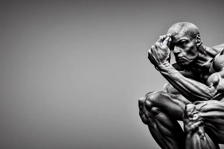 Image similar to Cyborg in the pose of the thinker, Rodin, XF IQ4, 150MP, 50mm, f/1.4, ISO 200, 1/160s, natural light, Adobe Photoshop, Adobe Lightroom, DxO Photolab, Corel PaintShop Pro, rule of thirds, symmetrical balance, depth layering, polarizing filter, Sense of Depth, AI enhanced