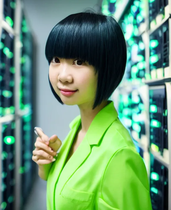 Image similar to asian girl, neon green bobbed and bowl cut hair, standing in a server room, wearing business casual dress, 4 k, vaporwave, cinecolor, perfect detail, realism