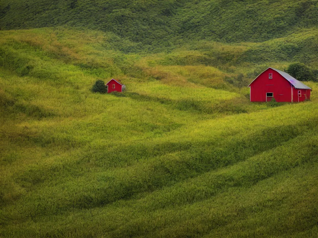 Image similar to Intricate detailed lush ravine with an isolated red barn next to a wheat crop at noon. Wide angle shot, surreal, Anato Finnstark.