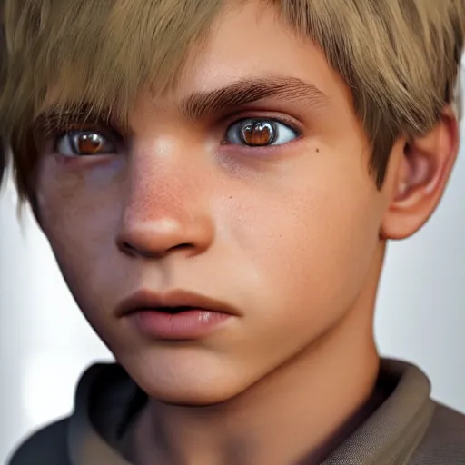 Image similar to detailed face of boy with blonde hair and brown eyes, unreal engine 5 rendered, incredibly highly detailed and realistic, 8 k, sharp focus, studio quality