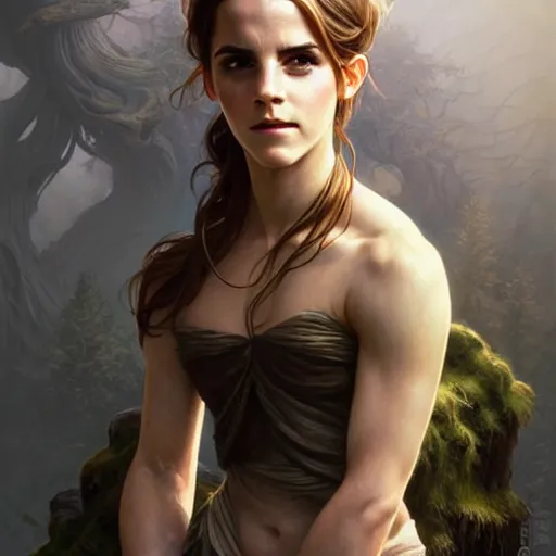 Image similar to emma watson portrait of forest gog, male, clear face, masculine, upper body, muscular, fantasy, intricate, elegant, highly detailed, digital painting, artstation, concept art, matte, sharp focus, illustration, art by artgerm and greg rutkowski and alphonse mucha