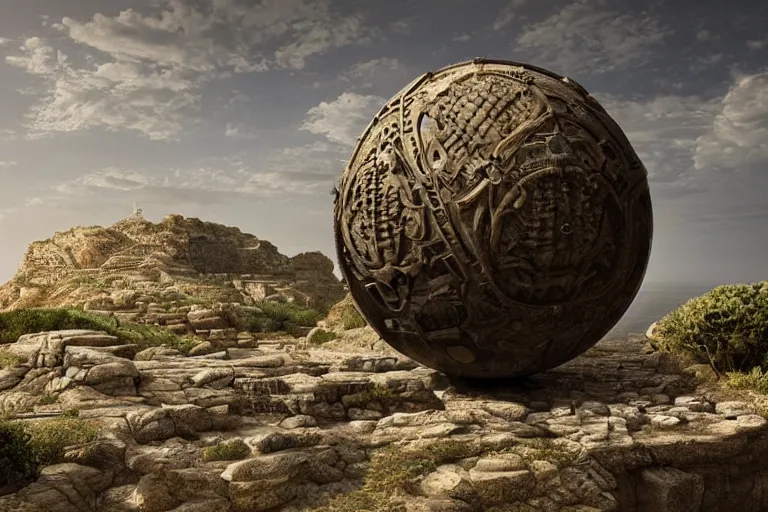 Prompt: old photograph of a gigantic paleolothic sphere made of stone with highly detailed carvings of intricate shamanic robotic electronics and circuits, in a mediterranean lanscape, inside a valley overlooking the sea, by michal karcz, mediterranean island scenery, mediterranean vista