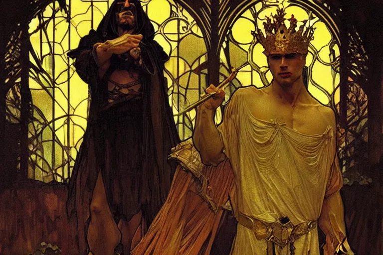 Prompt: a man wearing dark clothes and golden crown, muscular, painting by greg rutkowski and alphonse mucha