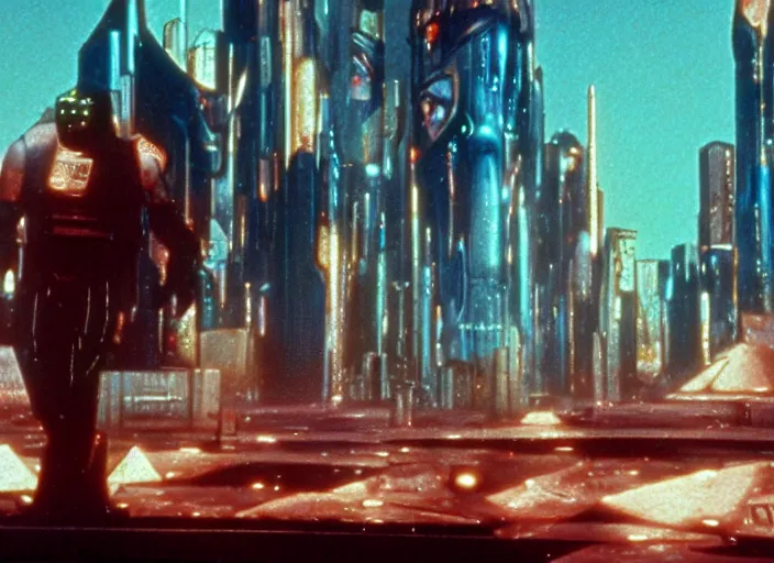 Image similar to scene from a 1970s cyberpunk science fiction film