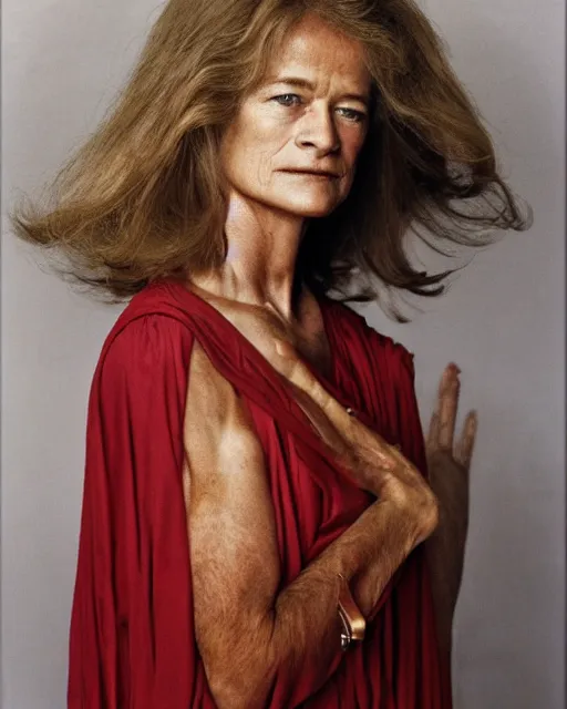 Prompt: the beautiful young actress charlotte rampling, dressed as the greek fate clotho, one of the weavers of destiny, photographed in the style of annie leibovitz, studio lighting, highly detailed, photorealistic